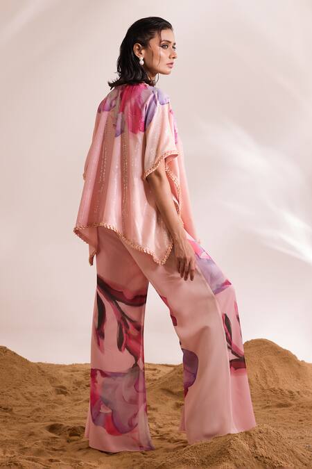 Shop_Divya Aggarwal_Pink Sheeted Sequin Printed Abstract V Neck Inara Kaftan Top And Pant Set _at_Aza_Fashions