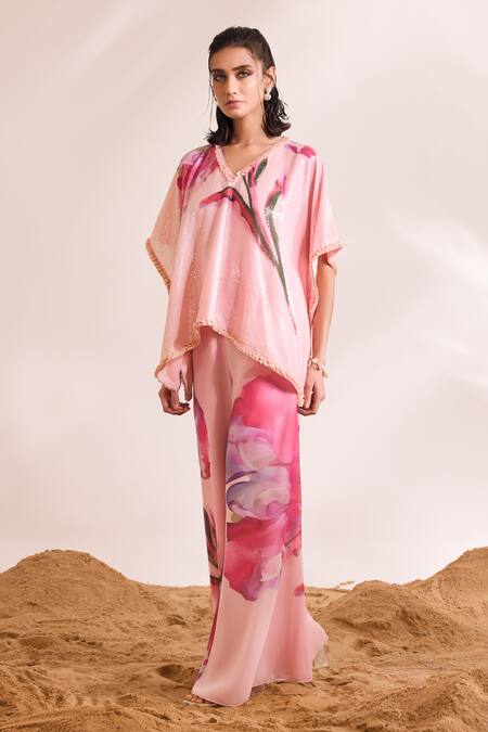 Buy_Divya Aggarwal_Pink Sheeted Sequin Printed Abstract V Neck Inara Kaftan Top And Pant Set _Online_at_Aza_Fashions