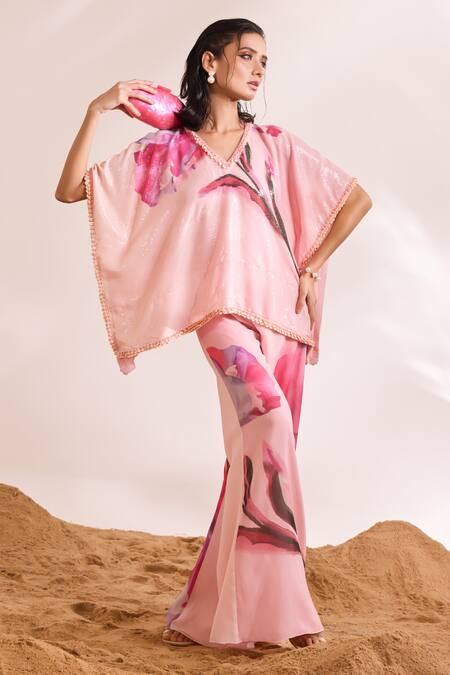 Shop_Divya Aggarwal_Pink Sheeted Sequin Printed Abstract V Neck Inara Kaftan Top And Pant Set _Online_at_Aza_Fashions