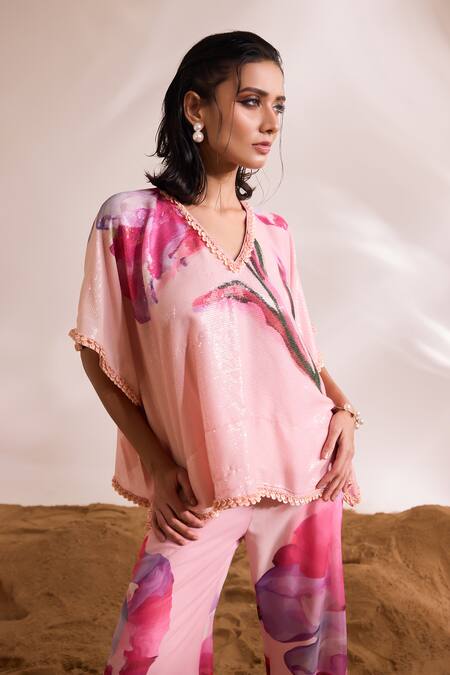 Divya Aggarwal_Pink Sheeted Sequin Printed Abstract V Neck Inara Kaftan Top And Pant Set _at_Aza_Fashions
