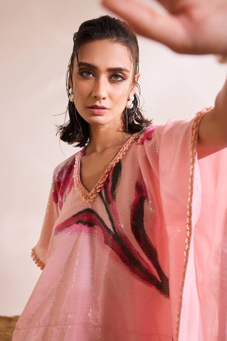 Buy_Divya Aggarwal_Pink Sheeted Sequin Printed Abstract V Neck Inara Kaftan Top And Pant Set 