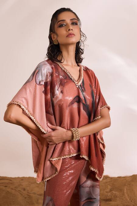 Divya Aggarwal_Orange Sheeted Sequin Printed Abstract V Neck Inara Kaftan Top With Pant _Online_at_Aza_Fashions