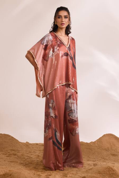 Shop_Divya Aggarwal_Orange Sheeted Sequin Printed Abstract V Neck Inara Kaftan Top With Pant _Online_at_Aza_Fashions