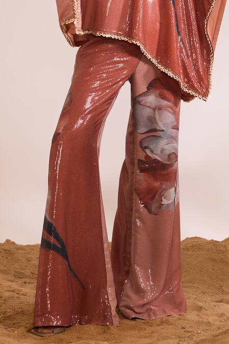 Buy_Divya Aggarwal_Orange Sheeted Sequin Printed Abstract V Neck Inara Kaftan Top With Pant 