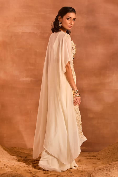 Shop Divya Aggarwal Ivory Chanderi Silk, Georgette Irene Embellished Cape And Draped Skirt Set at Aza Fashions Shop_Divya Aggarwal_Ivory Chanderi Silk, Georgette Irene Embellished Cape And Draped Skirt Set _at_Aza_Fashions