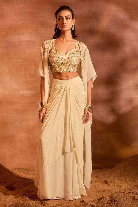 Divya Aggarwal Ivory Chanderi Silk, Georgette Irene Embellished Cape And Draped Skirt Set Online at Aza Fashions Divya Aggarwal_Ivory Chanderi Silk, Georgette Irene Embellished Cape And Draped Skirt Set _Online_at_Aza_Fashions