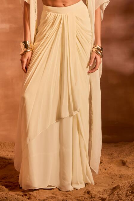 Buy Divya Aggarwal Ivory Chanderi Silk, Georgette Irene Embellished Cape And Draped Skirt Set Online at Aza Fashions Buy_Divya Aggarwal_Ivory Chanderi Silk, Georgette Irene Embellished Cape And Draped Skirt Set _Online_at_Aza_Fashions