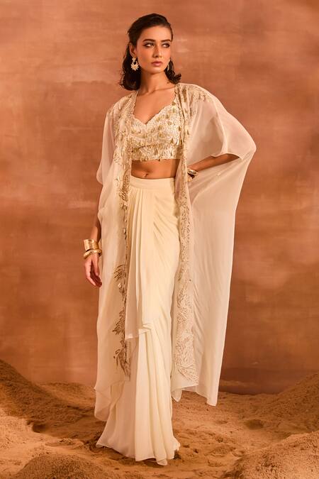 Divya Aggarwal Ivory Chanderi Silk, Georgette Irene Embellished Cape And Draped Skirt Set at Aza Fashions Divya Aggarwal_Ivory Chanderi Silk, Georgette Irene Embellished Cape And Draped Skirt Set _at_Aza_Fashions