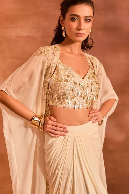 Buy Divya Aggarwal Ivory Chanderi Silk, Georgette Irene Embellished Cape And Draped Skirt Set Buy_Divya Aggarwal_Ivory Chanderi Silk, Georgette Irene Embellished Cape And Draped Skirt Set