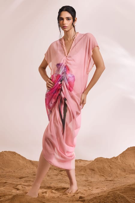Buy Divya Aggarwal Pink Kaftan Chiffon Printed Abstract Floral V Neck Isadora Ruched Online at Aza Fashions Buy_Divya Aggarwal_Pink Kaftan Chiffon Printed Abstract Floral V Neck Isadora Ruched _Online_at_Aza_Fashions
