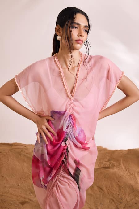 Shop Divya Aggarwal Pink Kaftan Chiffon Printed Abstract Floral V Neck Isadora Ruched Online at Aza Fashions Shop_Divya Aggarwal_Pink Kaftan Chiffon Printed Abstract Floral V Neck Isadora Ruched _Online_at_Aza_Fashions
