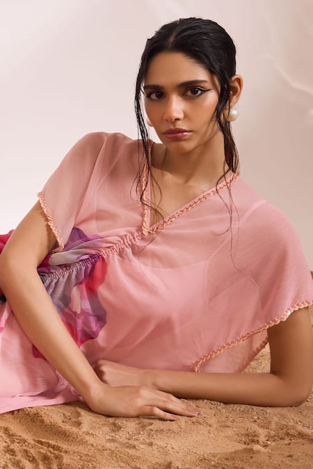 Divya Aggarwal Pink Kaftan Chiffon Printed Abstract Floral V Neck Isadora Ruched at Aza Fashions Divya Aggarwal_Pink Kaftan Chiffon Printed Abstract Floral V Neck Isadora Ruched _at_Aza_Fashions