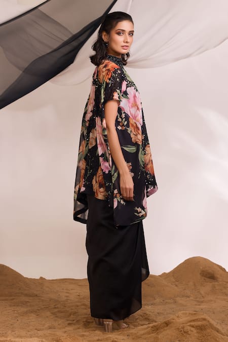 Shop Divya Aggarwal Black Chiffon, Chanderi Silk Liana Floral Print Kurta And Draped Skirt Set at Aza Fashions Shop_Divya Aggarwal_Black Chiffon, Chanderi Silk Liana Floral Print Kurta And Draped Skirt Set _at_Aza_Fashions