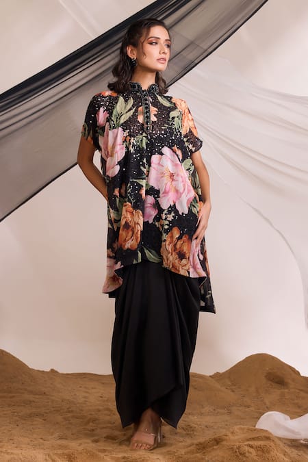 Buy Divya Aggarwal Black Chiffon, Chanderi Silk Liana Floral Print Kurta And Draped Skirt Set Online at Aza Fashions Buy_Divya Aggarwal_Black Chiffon, Chanderi Silk Liana Floral Print Kurta And Draped Skirt Set _Online_at_Aza_Fashions