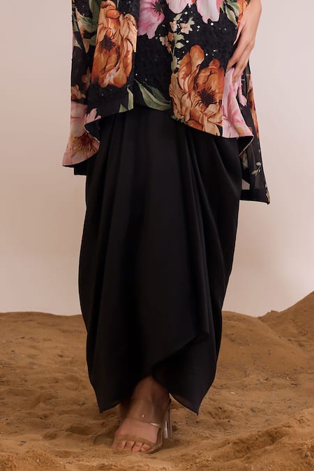 Shop Divya Aggarwal Black Chiffon, Chanderi Silk Liana Floral Print Kurta And Draped Skirt Set Online at Aza Fashions Shop_Divya Aggarwal_Black Chiffon, Chanderi Silk Liana Floral Print Kurta And Draped Skirt Set _Online_at_Aza_Fashions