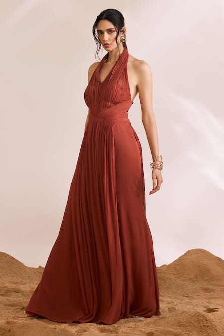 Divya Aggarwal_Orange Crinkle Chiffon Solid Halter Neck Luna Backless Draped Dress _Online_at_Aza_Fashions