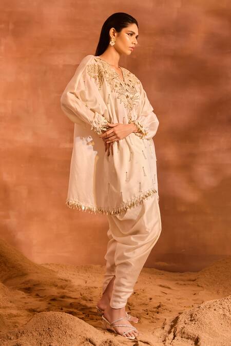 Buy_Divya Aggarwal_Ivory Chanderi Silk Embellished Phoenix V Neck Orion Kaftan And Dhoti Pant Set _Online_at_Aza_Fashions