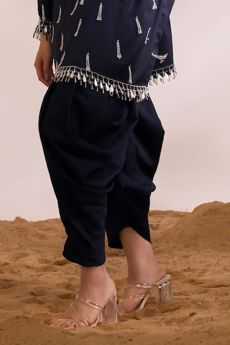 Buy_Divya Aggarwal_Blue Chanderi Silk Embellished Phoenix V Neck Orion Kaftan With Dhoti Pant _Online_at_Aza_Fashions