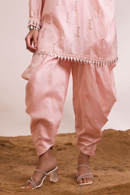 Divya Aggarwal_Pink Chanderi Silk Embellished Phoenix V Neck Orion Boxy Kaftan With Dhoti Pant _Online_at_Aza_Fashions