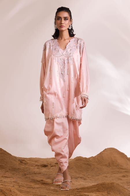 Buy_Divya Aggarwal_Pink Chanderi Silk Embellished Phoenix V Neck Orion Boxy Kaftan With Dhoti Pant _Online_at_Aza_Fashions
