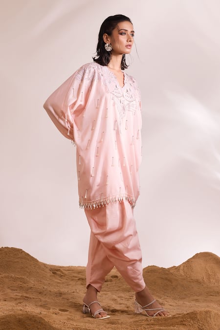 Shop_Divya Aggarwal_Pink Chanderi Silk Embellished Phoenix V Neck Orion Boxy Kaftan With Dhoti Pant _Online_at_Aza_Fashions