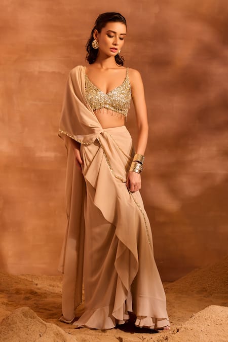 Buy_Divya Aggarwal_Beige Satin, Georgette Orla Draped Concept Saree With Embellished Blouse _Online_at_Aza_Fashions