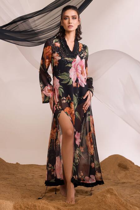 Divya Aggarwal_Black Kaftan Chiffon Printed Floral V Neck Phoebe Slit _Online_at_Aza_Fashions