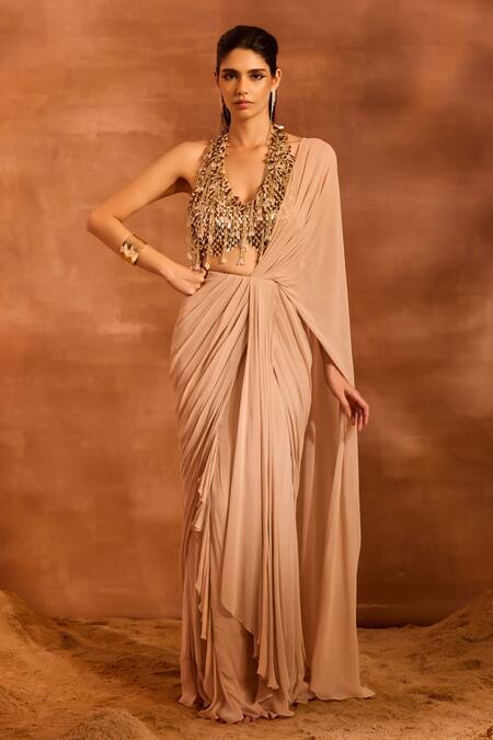 Buy_Divya Aggarwal_Beige Georgette Tassels Halter Neck Renee Pre-draped Ruffle Saree With Blouse _Online_at_Aza_Fashions