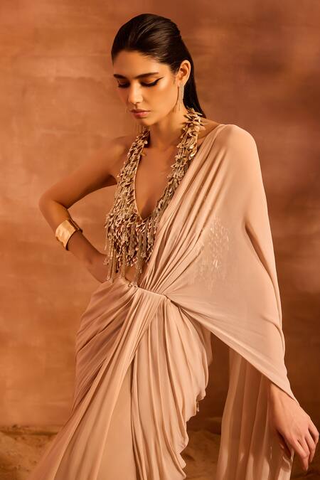 Shop_Divya Aggarwal_Beige Georgette Tassels Halter Neck Renee Pre-draped Ruffle Saree With Blouse _Online_at_Aza_Fashions