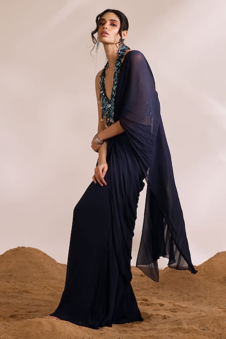 Divya Aggarwal_Blue Georgette Tassels Halter Neck Renee Ruffled Pre-draped Saree With Blouse _Online_at_Aza_Fashions