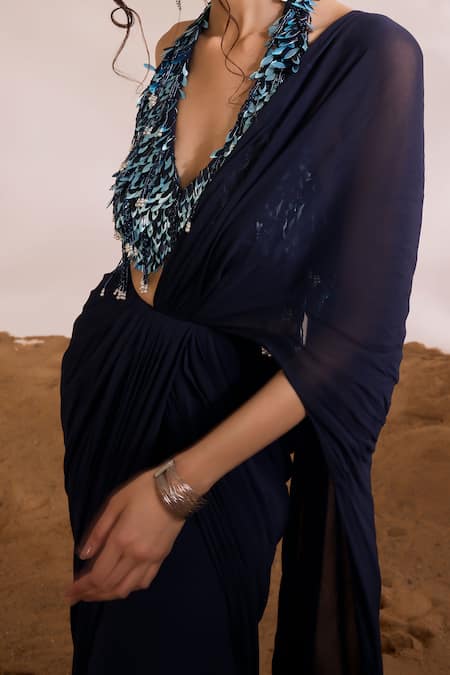 Shop_Divya Aggarwal_Blue Georgette Tassels Halter Neck Renee Ruffled Pre-draped Saree With Blouse _Online_at_Aza_Fashions