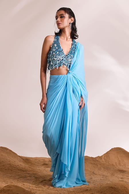 Divya Aggarwal Sky Blue Georgette Embellished Renee Pre-draped Slit Saree With Blouse 
