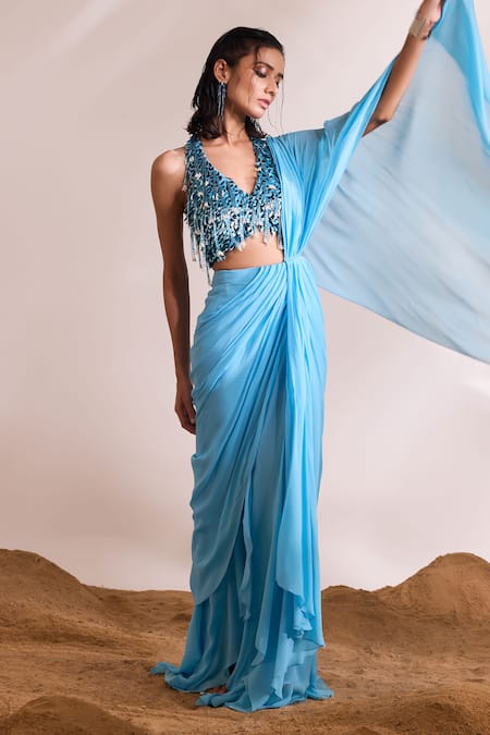 Divya Aggarwal Sky Blue Georgette Tassels Halter Neck Renee Pre-draped Slit Saree With Blouse Online at Aza Fashions Divya Aggarwal_Sky Blue Georgette Tassels Halter Neck Renee Pre-draped Slit Saree With Blouse _Online_at_Aza_Fashions