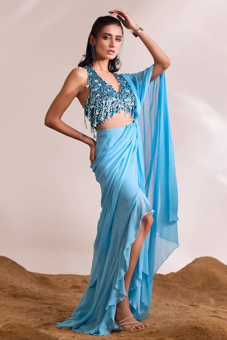 Buy Divya Aggarwal Sky Blue Georgette Tassels Halter Neck Renee Pre-draped Slit Saree With Blouse Online at Aza Fashions Buy_Divya Aggarwal_Sky Blue Georgette Tassels Halter Neck Renee Pre-draped Slit Saree With Blouse _Online_at_Aza_Fashions