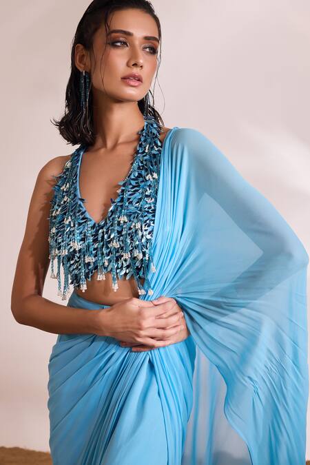 Shop Divya Aggarwal Sky Blue Georgette Tassels Halter Neck Renee Pre-draped Slit Saree With Blouse Online at Aza Fashions Shop_Divya Aggarwal_Sky Blue Georgette Tassels Halter Neck Renee Pre-draped Slit Saree With Blouse _Online_at_Aza_Fashions