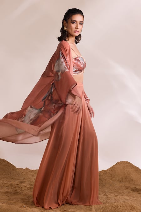 Divya Aggarwal Siena Printed Sequin Cape & Flared Pant Set 