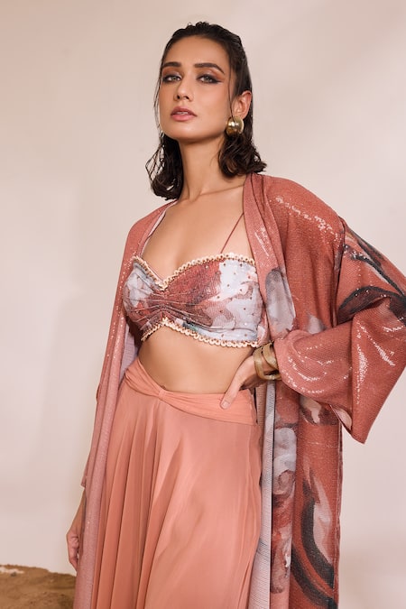 Divya Aggarwal_Orange Georgette Sequins Sweetheart Neck Siena Printed Cape And Flared Pant Set _Online_at_Aza_Fashions