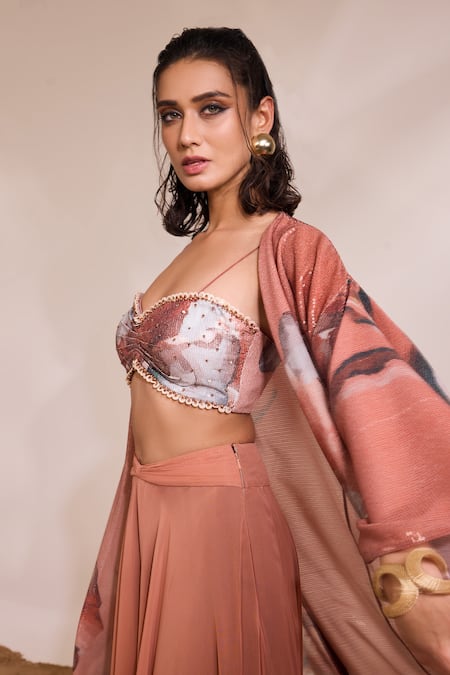 Buy_Divya Aggarwal_Orange Georgette Sequins Sweetheart Neck Siena Printed Cape And Flared Pant Set _Online_at_Aza_Fashions