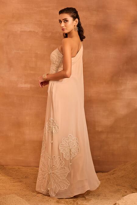 Shop_Divya Aggarwal_Beige Georgette, Chanderi Silk Embroidery, Tassels One Talia Tunic And Pant Set _Online_at_Aza_Fashions