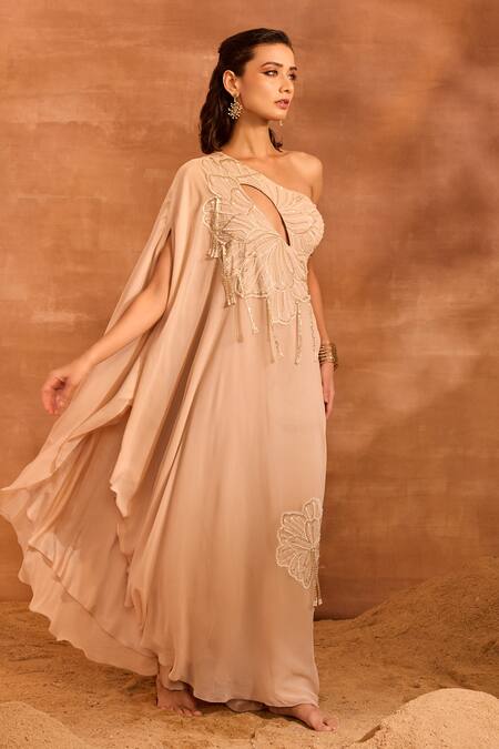 Divya Aggarwal_Beige Georgette, Chanderi Silk Embroidery, Tassels One Talia Tunic And Pant Set _at_Aza_Fashions