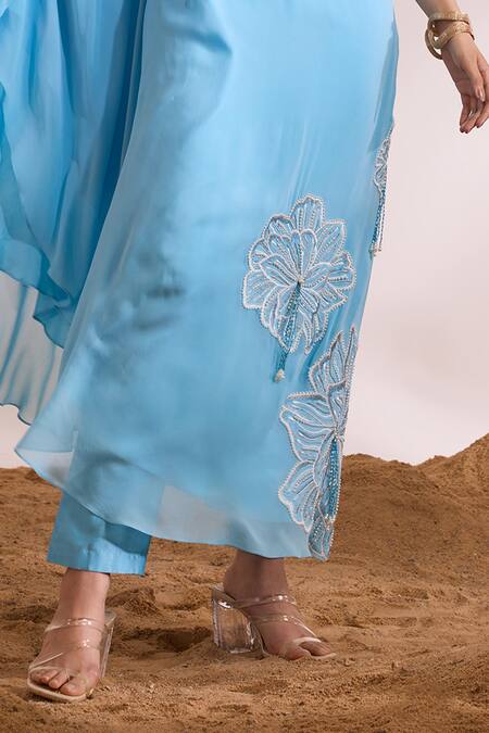 Divya Aggarwal_Sky Blue Georgette, Chanderi Silk Tassels Talia Embroidered Tunic And Pant Set _Online_at_Aza_Fashions