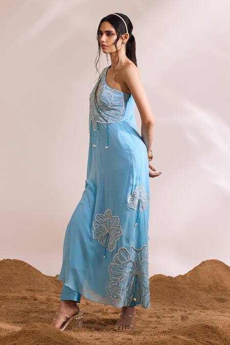 Shop_Divya Aggarwal_Sky Blue Georgette, Chanderi Silk Tassels Talia Embroidered Tunic And Pant Set _Online_at_Aza_Fashions