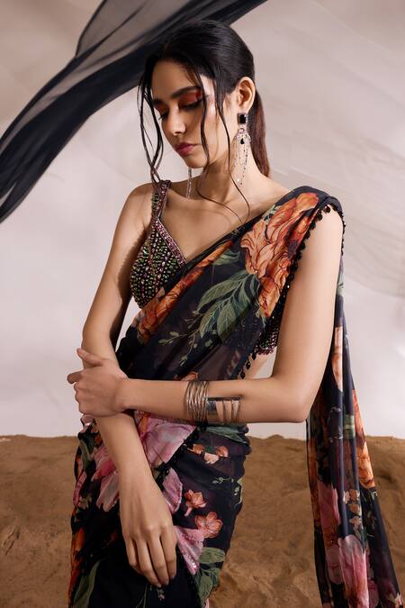 Divya Aggarwal_Black Satin, Chiffon Beads, Sequins Tessa Printed Pre-draped Saree With Blouse _Online_at_Aza_Fashions