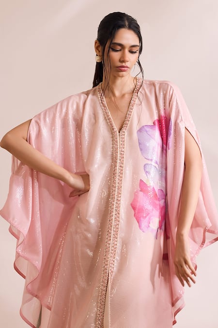 Divya Aggarwal_Pink Kaftan Chiffon Printed Abstract Floral V Neck Zalie _Online_at_Aza_Fashions