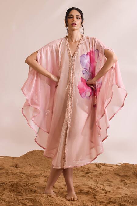 Shop_Divya Aggarwal_Pink Kaftan Chiffon Printed Abstract Floral V Neck Zalie _Online_at_Aza_Fashions