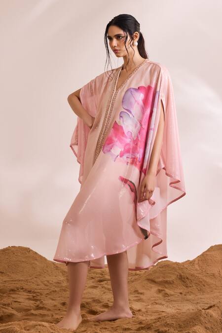 Divya Aggarwal_Pink Kaftan Chiffon Printed Abstract Floral V Neck Zalie _at_Aza_Fashions
