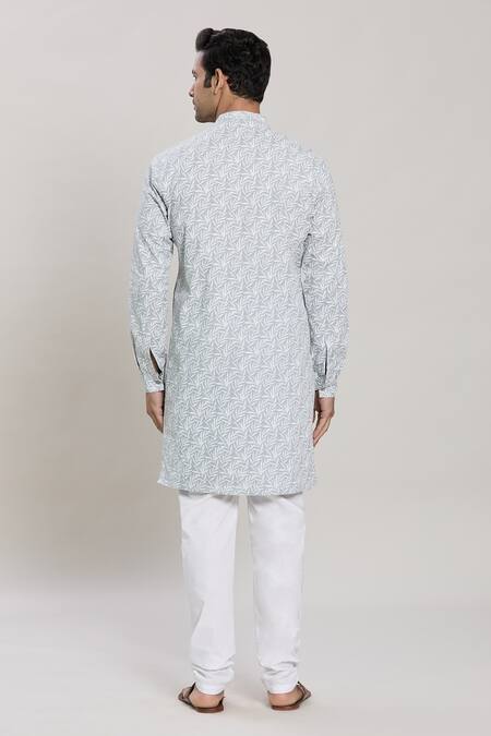 Shop Arihant Rai Sinha Blue Cotton Leaf Print Kurta And Pant Set at Aza Fashions Shop_Arihant Rai Sinha_Blue Cotton Leaf Print Kurta And Pant Set_at_Aza_Fashions