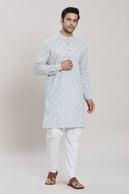 Arihant Rai Sinha Blue Cotton Leaf Print Kurta And Pant Set Online at Aza Fashions Arihant Rai Sinha_Blue Cotton Leaf Print Kurta And Pant Set_Online_at_Aza_Fashions