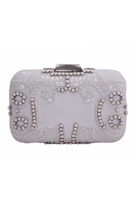 Shop Jasbir Gill White Bead Cutdana Embroidered Box Clutch at Aza Fashions Shop_Jasbir Gill_White Bead Cutdana Embroidered Box Clutch _at_Aza_Fashions