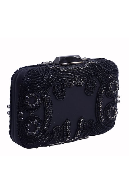 JASBIR GILL Black Bead Paisley Embroidered Box Clutch 